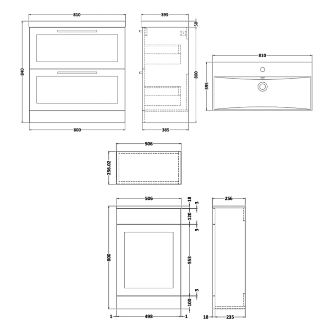 Delphi Grange Satin White 1300mm 2-Drawer Waterproof Bathroom Furniture Combination Unit  | Dimension Image