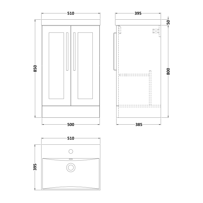 Delphi Grange Satin White 500mm 2-Door Floor Standing Vanity Unit with Basin  | Dimension Image