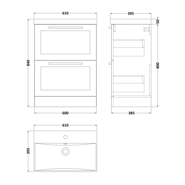 Delphi Grange Satin White 600mm 2-Drawer Floor Standing Vanity Unit with Basin  | Dimension Image