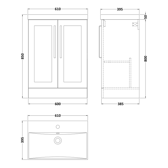Delphi Grange Satin White 600mm 2-Door Floor Standing Vanity Unit with Basin  | Dimension Image