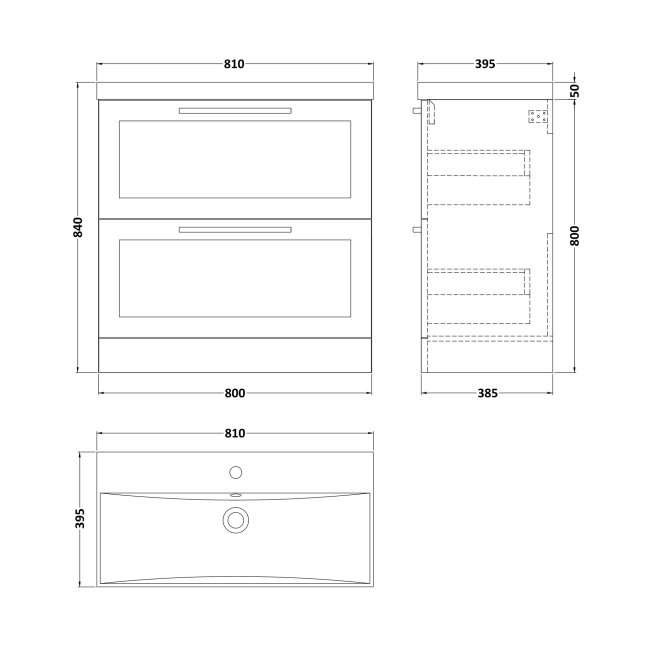 Delphi Grange Satin White 800mm 2-Drawer Floor Standing Vanity Unit with Basin  | Dimension Image