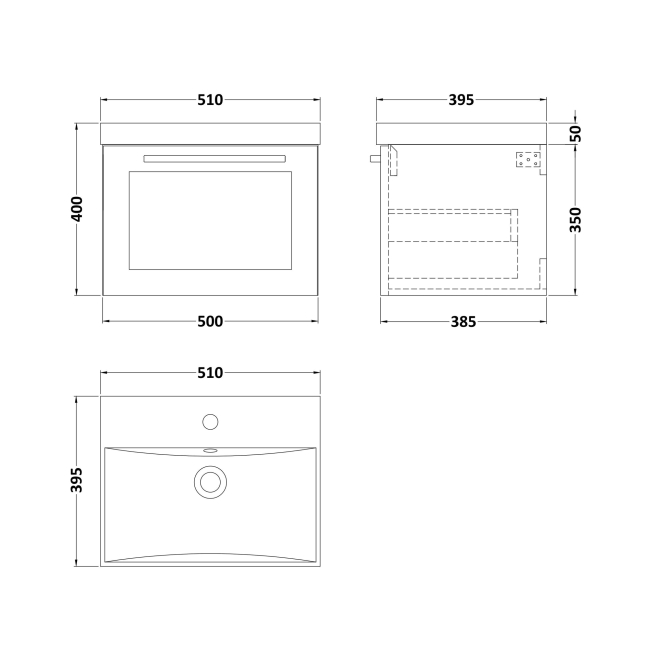 Delphi Grange Satin White 500mm 1-Drawer Wall Hung Vanity Unit with Basin  | Dimension Image