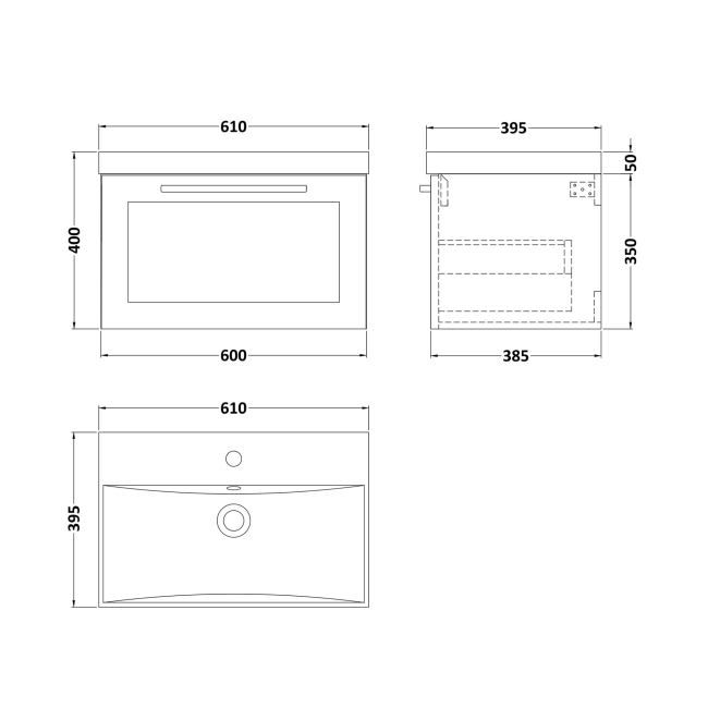 Delphi Grange Satin White 600mm 1-Drawer Wall Hung Vanity Unit with Basin  | Dimension Image