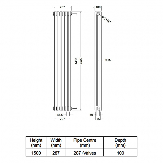 Delphi Hatfield Vertical 3-Column Traditional Radiator 1500mm H x 287mm W - Gloss White  | Dimension Image