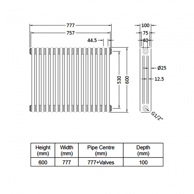 Delphi Hatfield Horizontal 3-Column Traditional Radiator 600mm H x 777mm W - Gloss White  | Dimension Image
