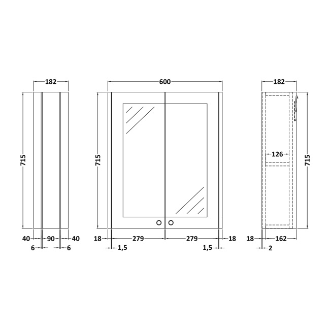 Delphi Hayloft Satin Green 600mm 2-Door Mirrored Bathroom Cabinet  | Dimension Image
