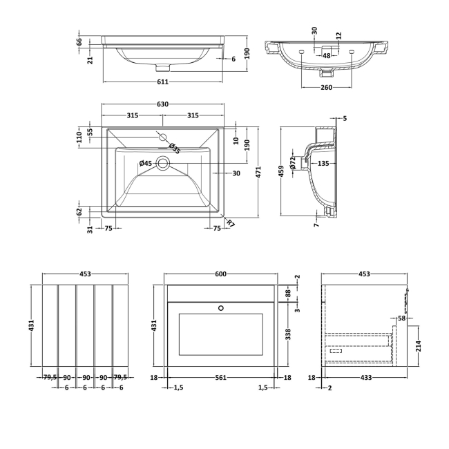 Delphi Hayloft Satin Green 600mm 1-Drawer Wall Hung Vanity Unit (inc Fireclay 1TH Basin)  | Dimension Image