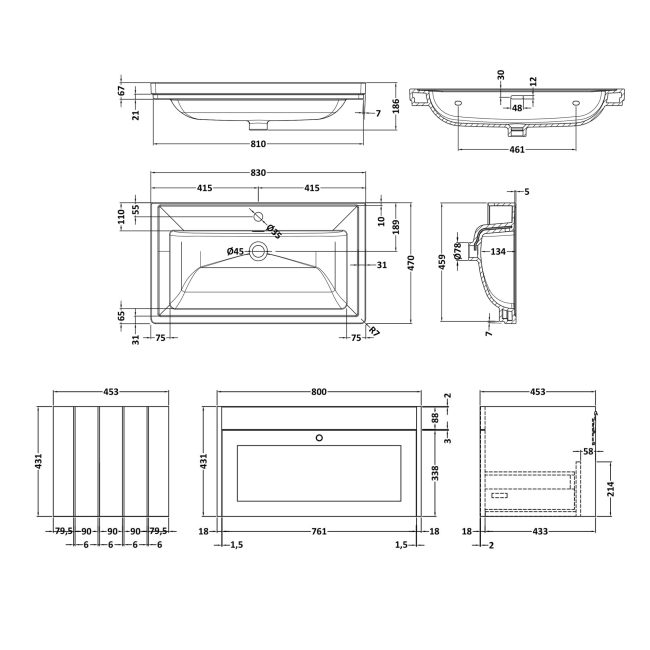Delphi Hayloft Satin Green 800mm 1-Drawer Wall Hung Vanity Unit (inc Fireclay 1TH Basin)  | Dimension Image