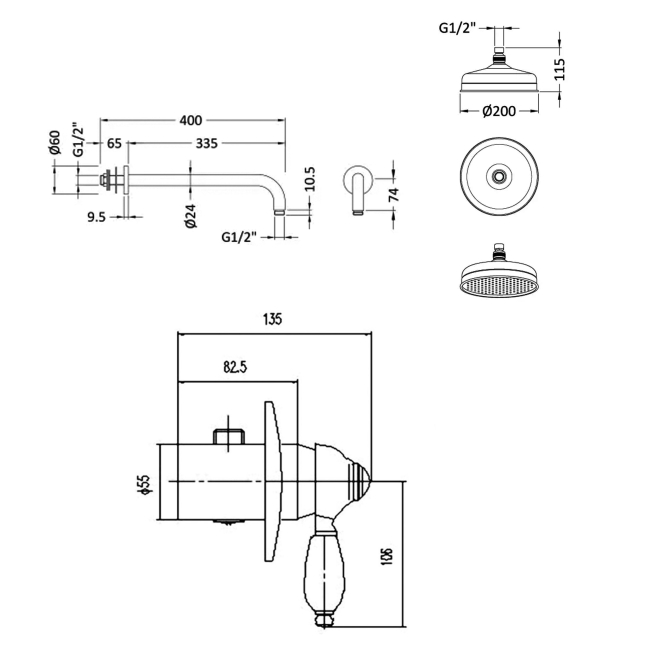 Delphi Highgate Chrome Manual Concealed Shower Set with Fixed Head  | Dimension Image