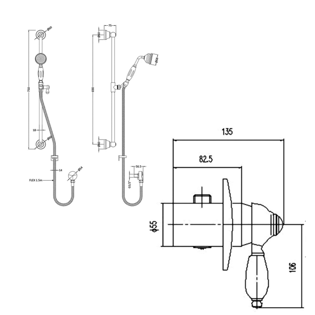 Delphi Highgate Chrome Manual Concealed Shower Set with Slide Rail Kit  | Dimension Image