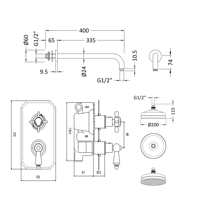 Delphi Highgate Chrome Dual Concealed Shower Set with Fixed Head  | Dimension Image