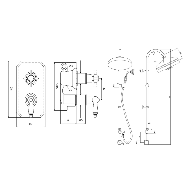 Delphi Highgate Chrome Dual Concealed Shower Set with Rigid Riser Kit  | Dimension Image