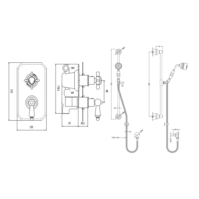 Delphi Highgate Chrome Dual Concealed Shower Set with Slide Rail Kit  | Dimension Image