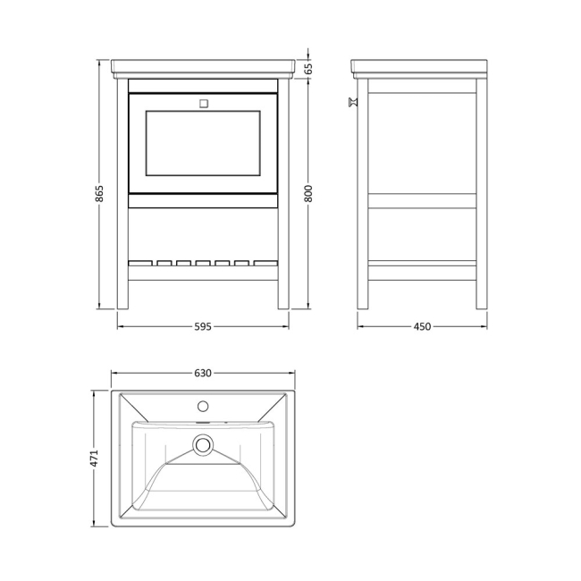Delphi Homestead Pure White 600mm 1-Drawer Floor Standing Traditional Vanity Unit (inc Fireclay Basin 1TH)  | Dimension Image