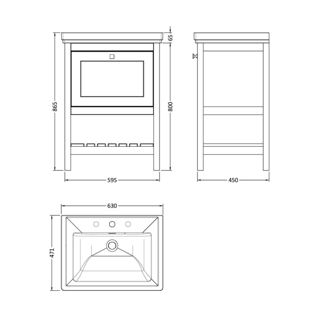 Delphi Homestead Pure White 600mm 1-Drawer Floor Standing Traditional Vanity Unit (inc Fireclay Basin 3TH)  | Dimension Image