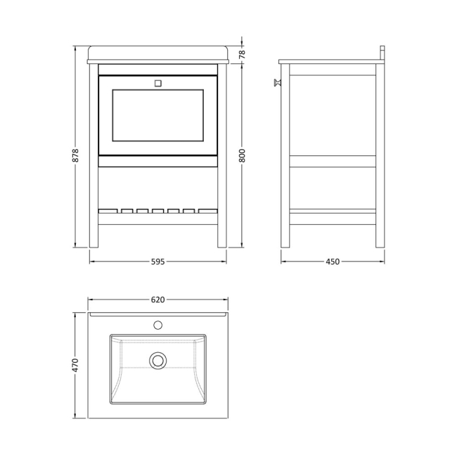 Delphi Homestead Pure White 600mm 1-Drawer Floor Standing Traditional Vanity Unit (inc Marble Top Basin)  | Dimension Image