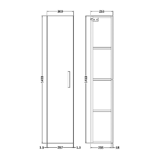 Delphi Horizon Gloss White 300mm 1-Door Wall Hung Tall Unit  | Dimension Image