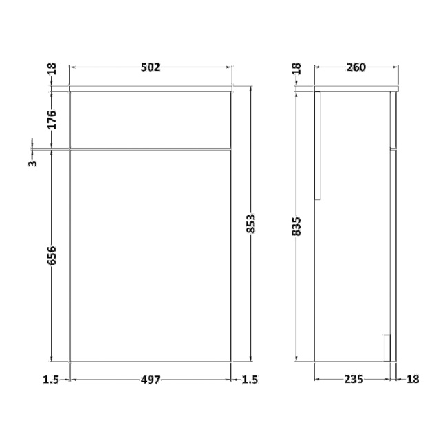 Delphi Horizon Gloss White 500mm Back to Wall Toilet WC Unit  | Dimension Image
