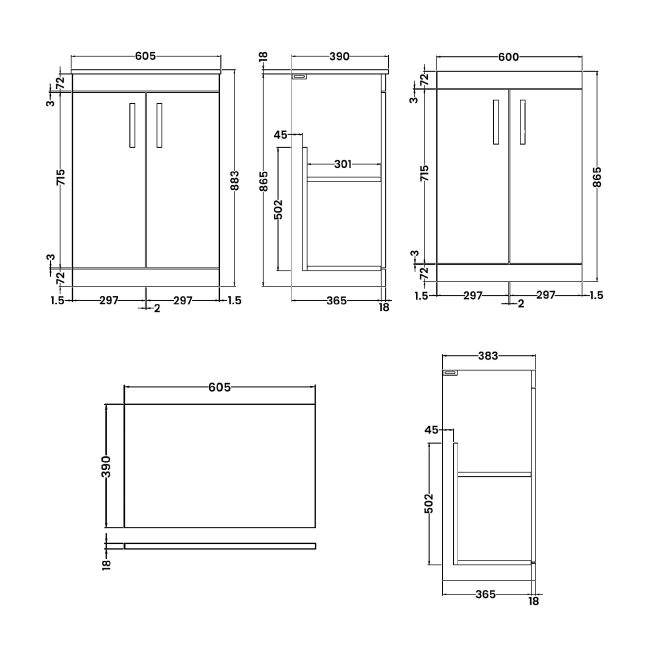 Delphi Horizon Gloss White 600mm 2-Door Floor Standing Countertop Vanity Unit  | Dimension Image