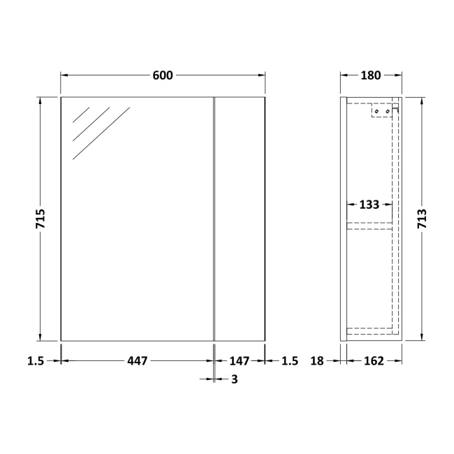 Delphi Horizon Gloss White 600mm 75/25 Mirrored Bathroom Cabinet  | Dimension Image