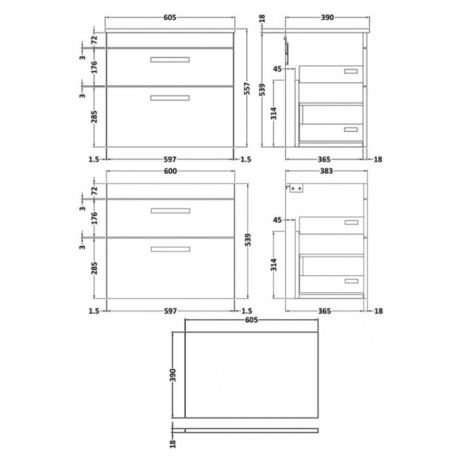 Delphi Horizon Gloss White 600mm 2-Drawer Wall Hung Countertop Vanity Unit  | Dimension Image