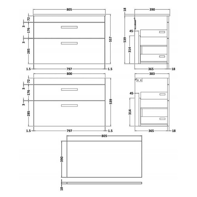 Delphi Horizon Gloss White 800mm 2-Drawer Wall Hung Countertop Vanity Unit  | Dimension Image