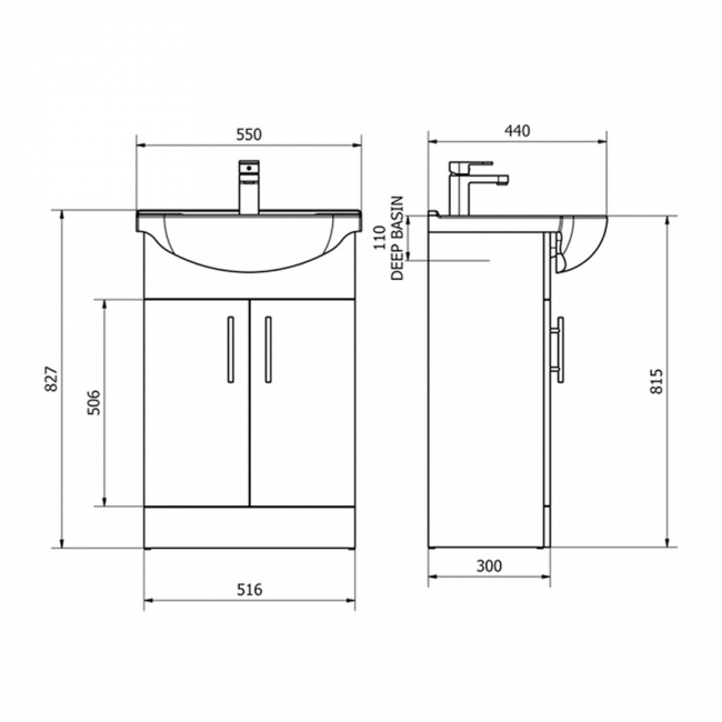 Delphi Kass Floor Standing 2-Door Vanity Unit with Basin 550mm Wide - Gloss White