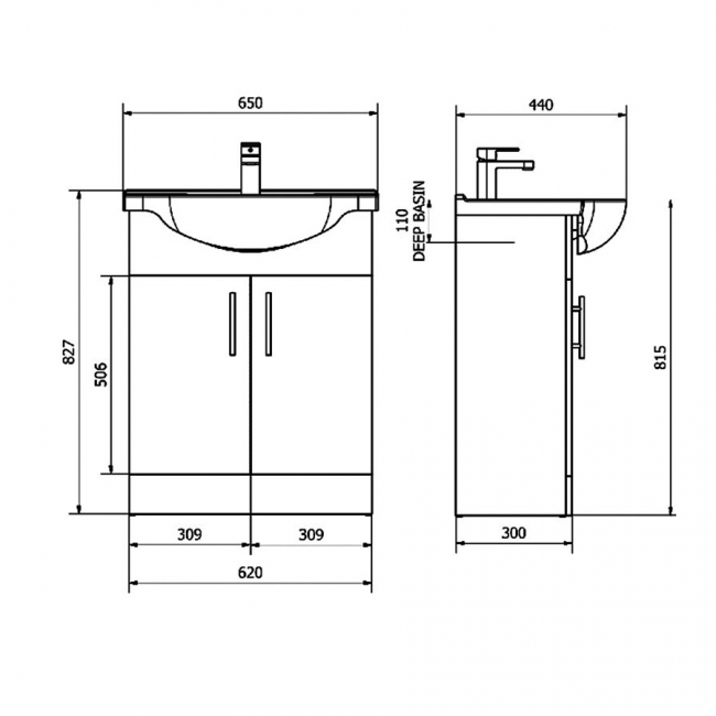 Delphi Kass Floor Standing 2-Door Vanity Unit with Basin 650mm Wide - Gloss White