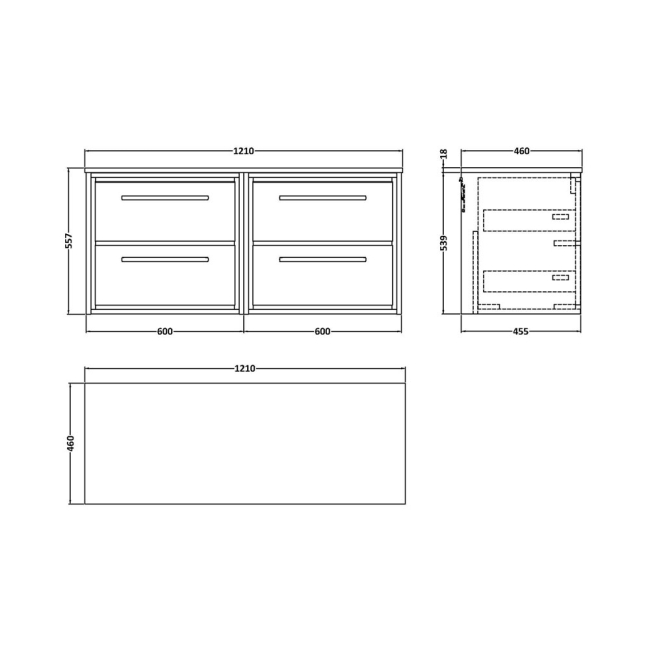 Delphi Lodge Bleached Oak 1200mm 4-Drawer Wall Hung Countertop Vanity Unit  | Dimension Image