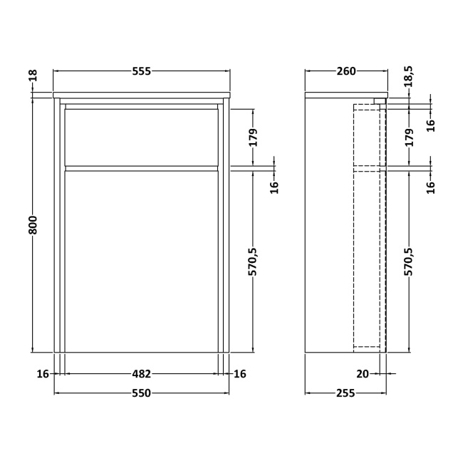 Delphi Lodge Bleached Oak 550mm Back to Wall Toilet WC Unit  | Dimension Image