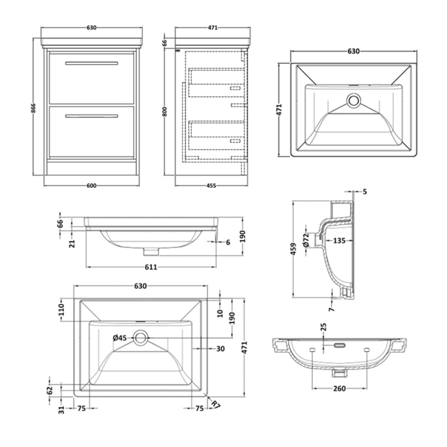 Delphi Lodge Graphite Grey 600mm 2-Drawer Floor Standing Vanity Unit (inc 0TH Classic Basin)  | Dimension Image