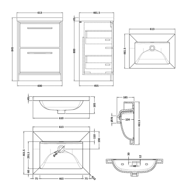 Delphi Lodge Fern Green 600mm 2-Drawer Floor Standing Vanity Unit (inc 0TH Modern Basin)  | Dimension Image