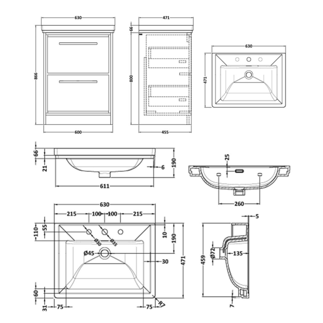 Delphi Lodge Antique Oak 600mm 2-Drawer Floor Standing Vanity Unit (inc 3TH Classic Basin)  | Dimension Image