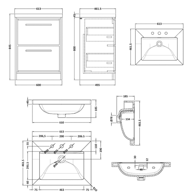 Delphi Lodge Antique Oak 600mm 2-Drawer Floor Standing Vanity Unit (inc 3TH Modern Basin)  | Dimension Image