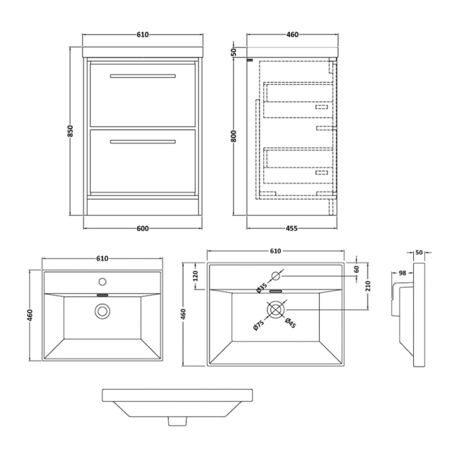 Delphi Lodge Bleached Oak 600mm 2-Drawer Floor Standing Vanity Unit (inc Basin)  | Dimension Image