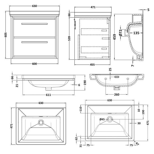 Delphi Lodge Graphite Grey 600mm 2-Drawer Wall Hung Vanity Unit (inc 0TH Classic Basin)  | Dimension Image