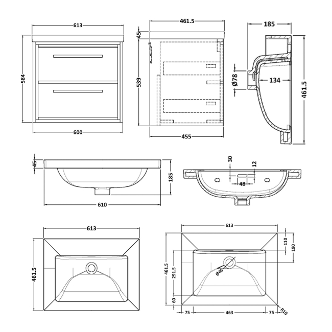 Delphi Lodge Fern Green 600mm 2-Drawer Wall Hung Vanity Unit (inc 0TH Modern Basin)  | Dimension Image