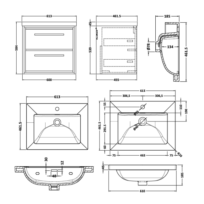 Delphi Lodge Bleached Oak 600mm 2-Drawer Wall Hung Vanity Unit (inc 1TH Modern Basin)  | Dimension Image