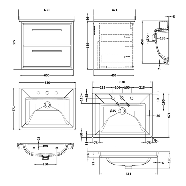 Delphi Lodge Bleached Oak 600mm 2-Drawer Wall Hung Vanity Unit (inc 3TH Classic Basin)  | Dimension Image