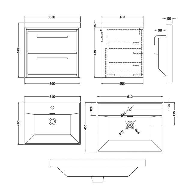 Delphi Lodge Bleached Oak 600mm 2-Drawer Wall Hung Vanity Unit (inc Basin)  | Dimension Image