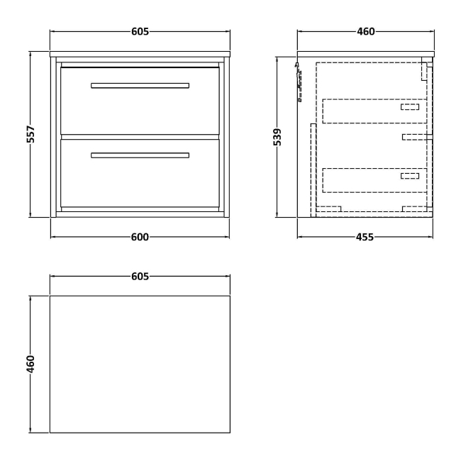 Delphi Lodge Bleached Oak 600mm 2-Drawer Wall Hung Countertop Vanity Unit  | Dimension Image