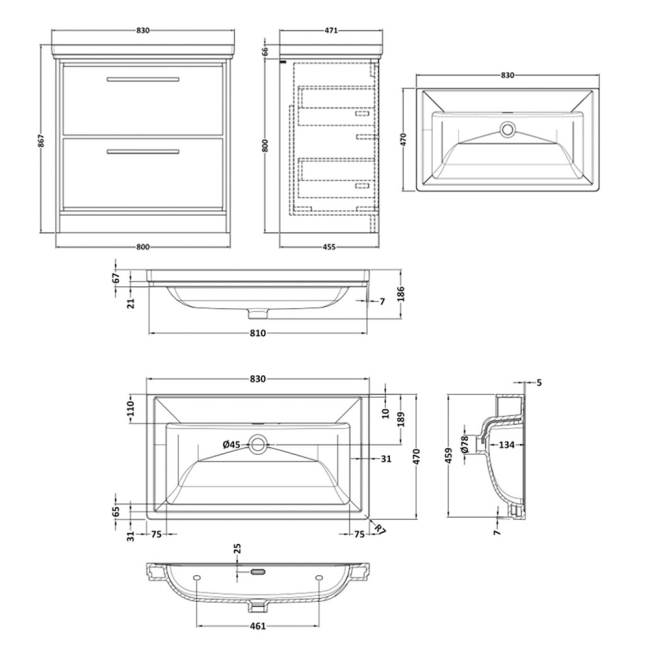 Delphi Lodge Antique Oak 800mm 2-Drawer Floor Standing Vanity Unit (inc 0TH Classic Basin)  | Dimension Image
