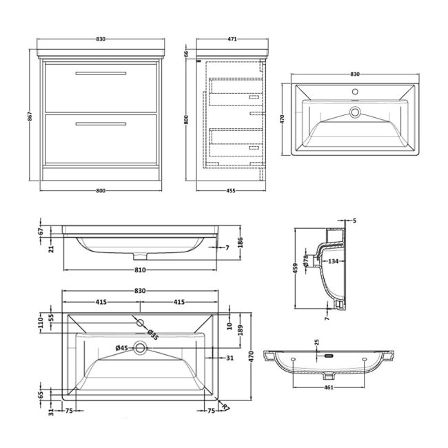 Delphi Lodge Antique Oak 800mm 2-Drawer Floor Standing Vanity Unit (inc 1TH Classic Basin)  | Dimension Image