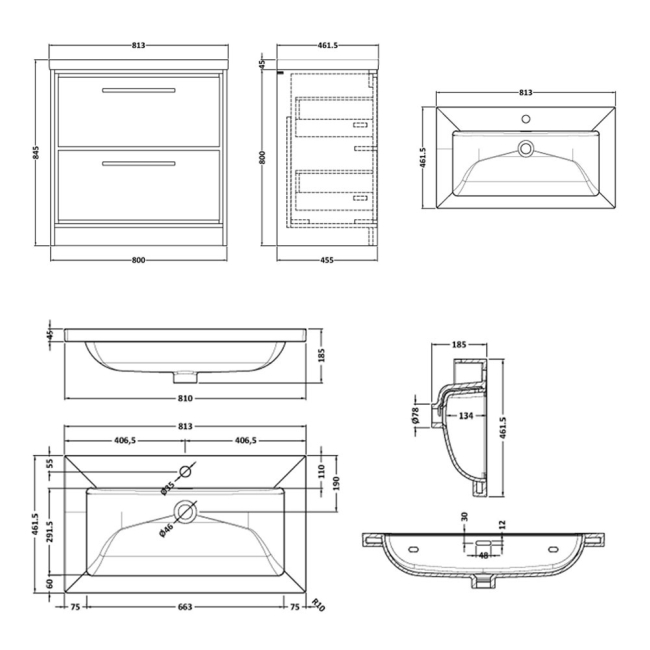 Delphi Lodge Antique Oak 800mm 2-Drawer Floor Standing Vanity Unit (inc 1TH Modern Basin)  | Dimension Image