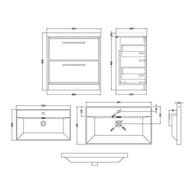 Delphi Lodge Bleached Oak 800mm 2-Drawer Floor Standing Vanity Unit (inc Basin)  | Dimension Image