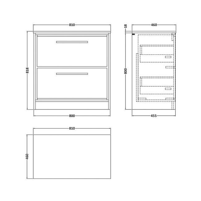 Delphi Lodge Bleached Oak 800mm 2-Drawer Floor Standing Countertop Vanity Unit  | Dimension Image