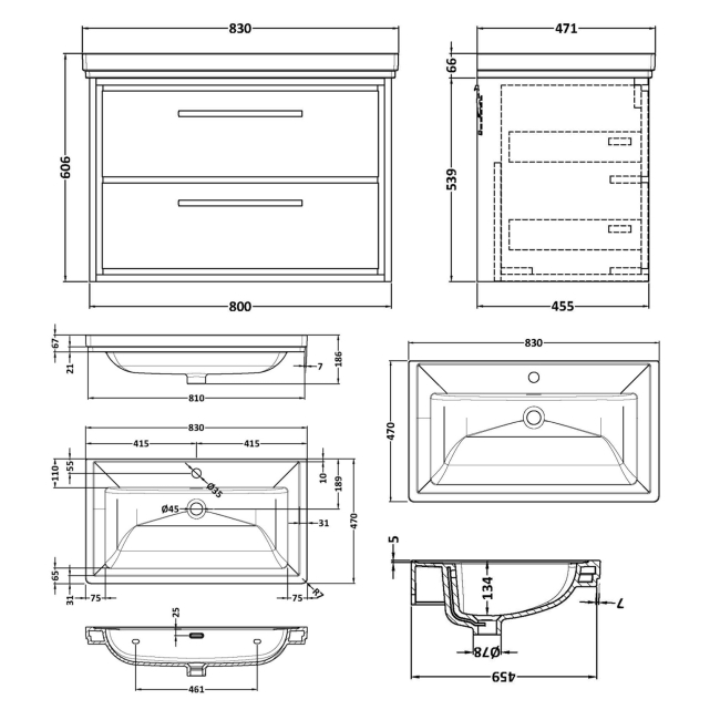 Delphi Lodge Antique Oak 800mm 2-Drawer Wall Hung Vanity Unit (inc 1TH Classic Basin)  | Dimension Image