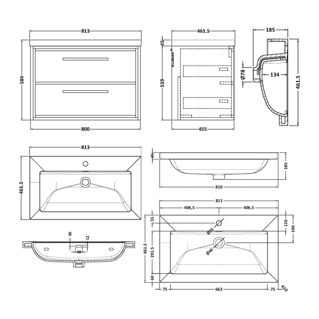 Delphi Lodge Bleached Oak 800mm 2-Drawer Wall Hung Vanity Unit (inc 1TH Modern Basin)  | Dimension Image