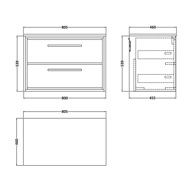 Delphi Lodge Antique Oak 800mm 2-Drawer Wall Hung Countertop Vanity Unit  | Dimension Image