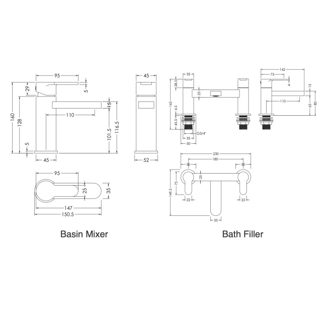Delphi Loop Chrome Basin Mixer and Bath Filler Tap Set (inc Press Top Waste)  | Dimension Image